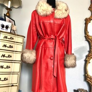 Glorious Red Leather Fur Vintage Coat!